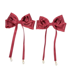 Lolita wine red ribbon bow hair clips with pearl pendants and pleated edges for women