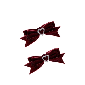 Barrettes à cheveux nœud en velours rouge vin rétro avec cœurs en strass étincelants
