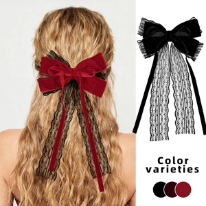 Gothic style velvet lace bow hair clip with long ribbons in black and dark red colors