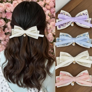Elegant Embroidered Flower Bow Hair Clip With Artificial Pearl Pendant Vintage Sweet Fabric Duckbill Clip For Women Hair Jewelry