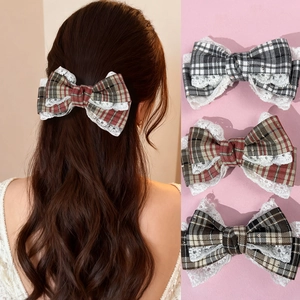 Vintage Plaid Bow Hair Clip With Lace Trim Sweet Ribbon Barrette Retro Checkered Hair Accessory For Women Girls Daily Styling