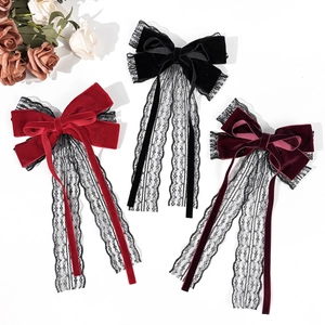 Gothic Velvet Lace Bow Hair Clip Long Streamer Duckbill Clip Vintage Sweet Cool Headwear Hair Accessory For Women Party Daily