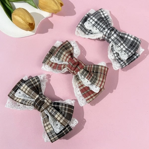 Three-piece vintage plaid lace bow hair clips in grey, reddish brown and dark brown