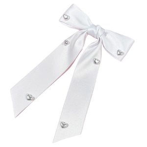 Elegant white satin ribbon hair clip with silver heart rivets for a sweet and chic style