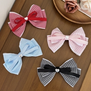 Sweet Plaid Bow Hair Clip For Women Girls Japanese Style Lace Edge Heart Artificial Pearl Decoration Duckbill Hair Accessories