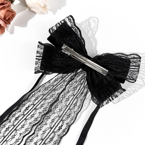 Elegant black lace bow hair clip with velvet ribbons and gothic aesthetic for women