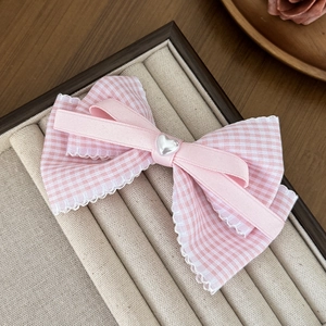Sweet pink plaid bow hair clip with lace trim and heart pearl detail for women