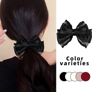 Elegant black lace bow hair clip for women featuring a retro double-layered design