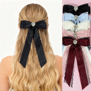 Barrette Cheveux Nœud en Dentelle Dark Sweet Cool Avec Strass Cœur Ruban Long Pince à Ressort Accessoire Cheveux Femme