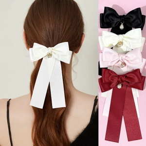 Fermaglio per Capelli a Fiocco Grande in Raso Con Pendente di Perla Artificial Nastro Lungo Elegante Coreano Dolce Accessori Capelli