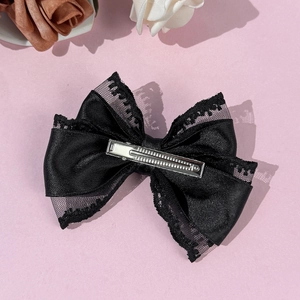 Elegant black lace bow hair clip with satin ribbon and silver metal duckbill clip