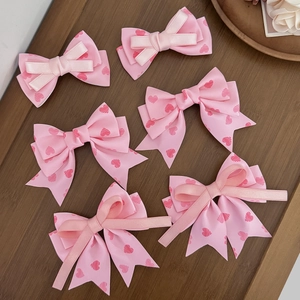 Douce Princesse Rose Ruban Nœud Pinces à Cheveux Fait Main Imprimé Cœur Bec de Canard pour Filles Saint Valentin Accessoires
