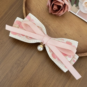 Floral embroidery bow hair clip with pearl pendant for girls in ballet style