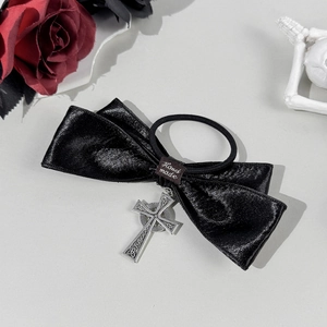 Gothic black satin bow hair tie featuring a silver cross pendant and handmade label
