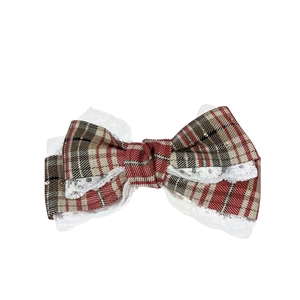 Vintage plaid bow hair clip with lace trim in red, black, and beige for women