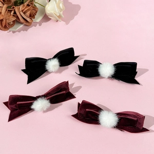 Pinzas para el Cabello con Lazo de Terciopelo Dulce con Bola de Pelo Blanca Estilo Lolita Accesorios para el Cabello Otoño