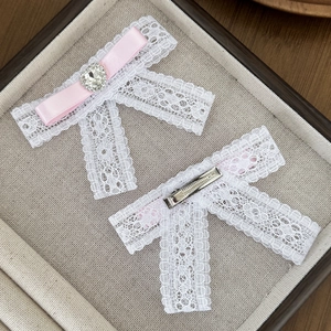 Sweet pink ribbon bow hair clip set with lace heart rhinestones for girls