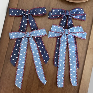 Faux Denim Heart Print Bowknot Hair Clip With Long Streamer Sweet Ribbon Scalloped Edge Hairpin For Women Daily Hair Accessory