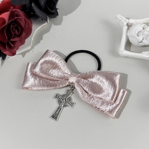 Gothic pink satin bow scrunchie with silver metal cross pendant and rose details
