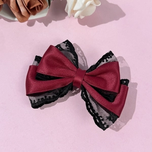 Elegant vintage burgundy satin and black lace layered bow hair clip for women
