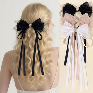 Women Elegant Lace Mesh Bowknot Hair Clip With Long Ribbon Tassel Artificial Pearl Decor Fairy Sweet French Style Ribbon Headwear Accessory