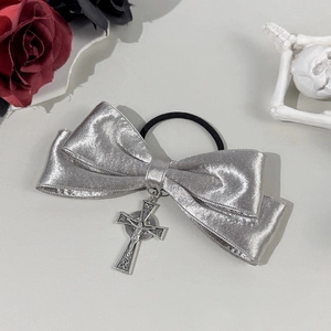 Gothic silver satin bow hair scrunchie with metal crucifix cross pendant and INRI engraving