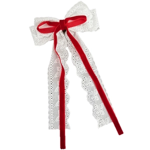 Elegante fermaglio per capelli in pizzo bianco e velluto rosso con nastri lunghi