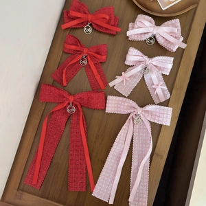 Sweet Ribbon Bow Hair Clip For Women Elegant Lace Plaid Butterfly Barrette With Metal Love Pendant French Style Hair Accessory