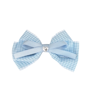 Sweet blue plaid bow hair clip with white lace edges and a silver heart center decoration