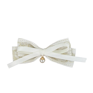Floral embroidered bow hair clip with pearl pendant in cream white and gold accents
