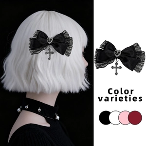 Barrette à nœud en dentelle Gothic Lolita avec cœur et croix argentée en quatre couleurs