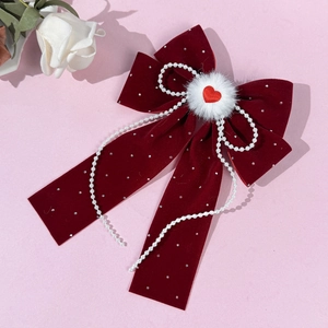 Red velvet bow hair clip with faux pearl fringe and heart plush ball for New Year
