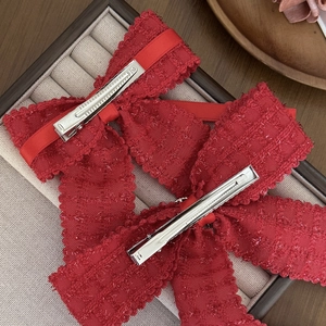 Elegant red tweed bow hair clips with lace trim and vintage texture for women