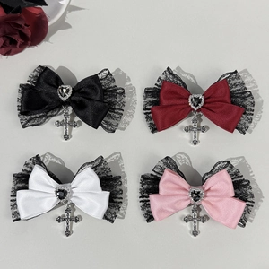 Barrette Nœud en Dentelle Gothic Lolita Avec Gemme de Cœur et Pendentif Croix en Métal Style Punk Dark Doux Cool Accessoires Cheveux Femme