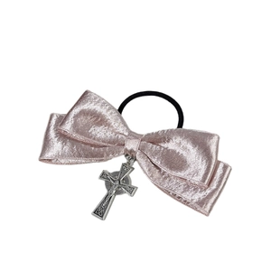 Pink satin bow hair scrunchie with a silver metal gothic cross pendant for women