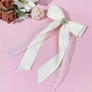Pince à cheveux élégante en dentelle blanche avec strass en cœur sur fond rose poudré
