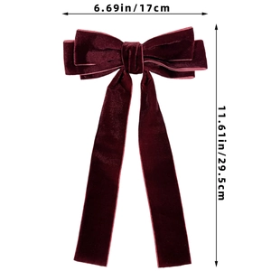 Burgundy velvet bow hair clip with long ribbons showing dimensions 17cm by 29.5cm
