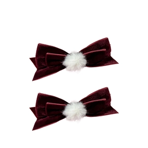 Set de dos horquillas de terciopelo burdeos con pompones blancos para mujeres