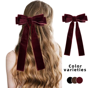 French vintage velvet bow hair clip with long ribbons in wine red for women