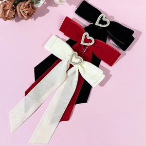 Eleganter Samt Schleife Haarspange Mit Künstliche Perle Herz Schnalle Retro Lange Satinband Kopfschmuck Für Damen Mädchen
