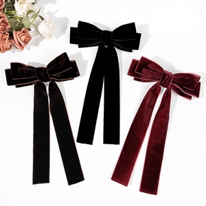 French Retro Velvet Bowknot Hair Clip Long Streamer Spring Clip Elegant Velvet Bow Hairpins For Women Fashion Hair Accessories