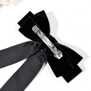 French vintage black velvet bow hair clip with long ribbons and premium metal spring clip