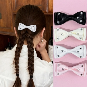 Sweet Satin Ribbon Bow Hair Clip With Heart Rhinestone Balletcore Side Clip For Women Girls Elegant Hair Accessories