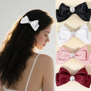 Pince à Cheveux Nœud en Ruban de Satin Style Français Avec Fausse Künstliche Perle Élégante Pince à Bec de Canard pour Femme