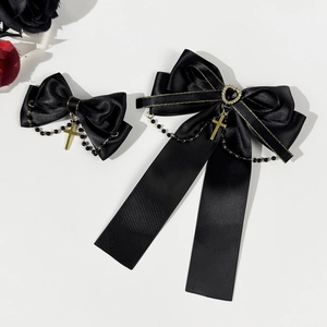 Gothic Black Satin Bow Hair Clip For Women With Gold Cross Pendant And Bead Chain Personality Fashion Headwear Accessory
