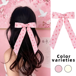 Pink heart print silk bow hair clip for women with sweet and elegant hair accessory style