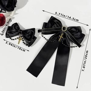 Gothic black satin hair bow set with heart gemstone and cross pendant chain