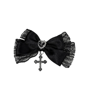 Barrette en dentelle noire gothique avec pierre en cœur et pendentif croix