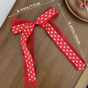 Détail d'un nœud papillon rouge à motifs de cœurs, dimensions de 17cm sur 24cm