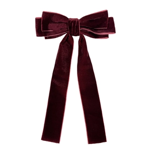 Elegant French vintage wine red velvet bow hair clip with long ribbons for women